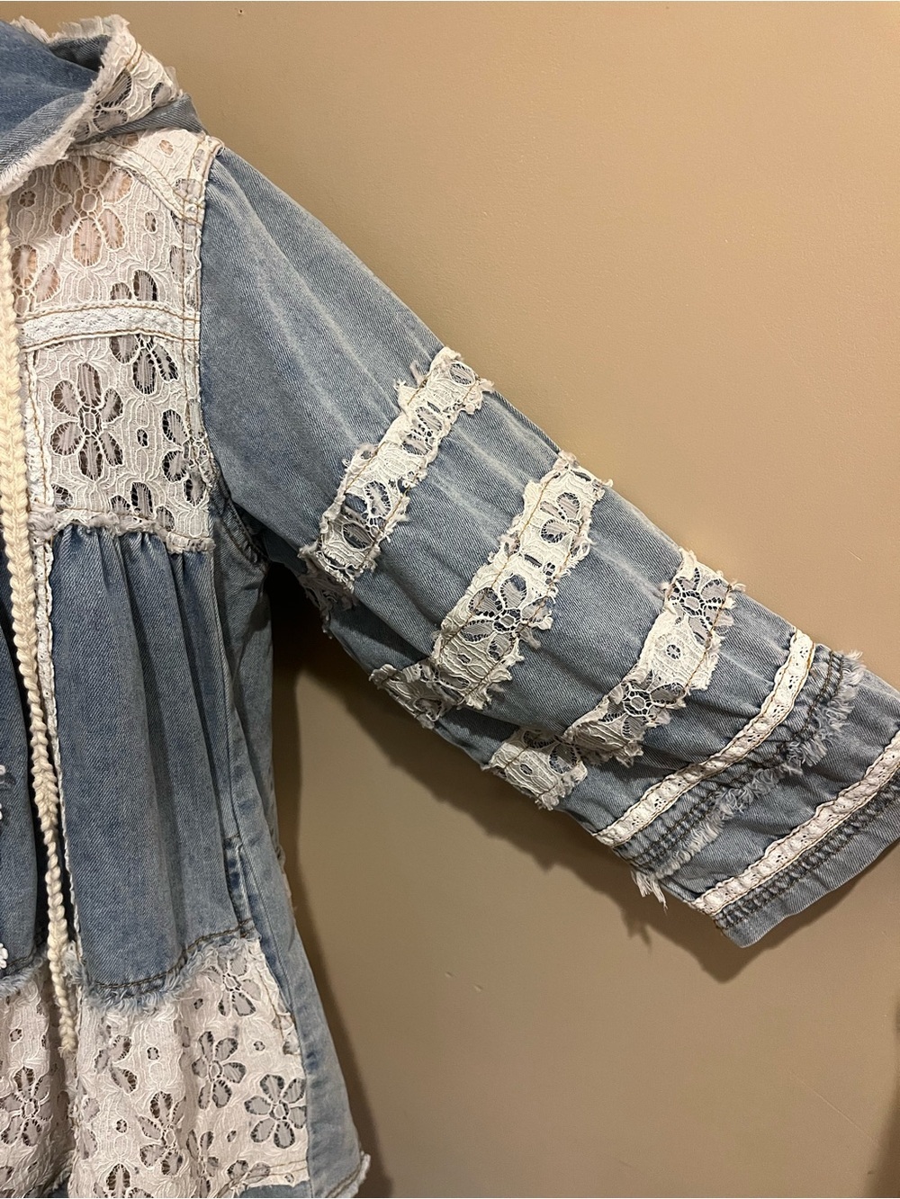 POL Boho Patchwork Denim & Lace Oversized Hooded Jacket - Blue & Cream, small - Picture 6 of 11
